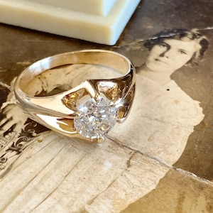 1.50 Ct Old European cut Diamond 10K yellow gold Antique Unisex Solitaire Ring, Victorian 10k Belcher set round Diamond Engagement Ring image 1