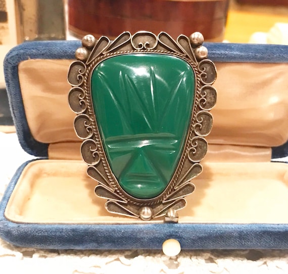 Massive Sterling Silver Carved Green Onyx Aztec M… - image 1