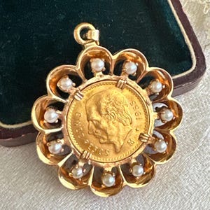 1955 Mexico 5 pesos 22k gold coin set in double sided 14k gold & pearl bezel pendant, 22k coin and 14k gold necklace pendant, 18.9 Grams
