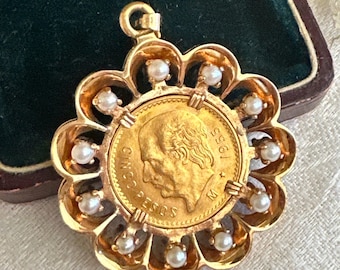 1955 Mexico 5 Pesos Gold Coin Pendant 14k Gold Pearl Bezel 18.9 Grams