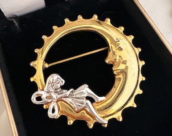 Vintage Danecraft two tone Fairy & Crescent Moon Brooch Pin