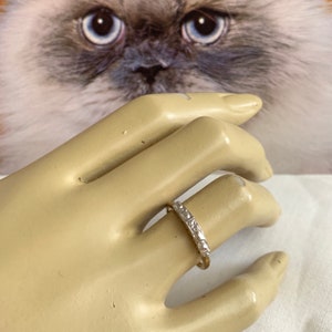 May include: A gold-toned ring with multiple small, square-cut clear stones set in a row. The ring is on a mannequin hand, with a blurred image of a cat in the background. The ring is a piece of jewelry.