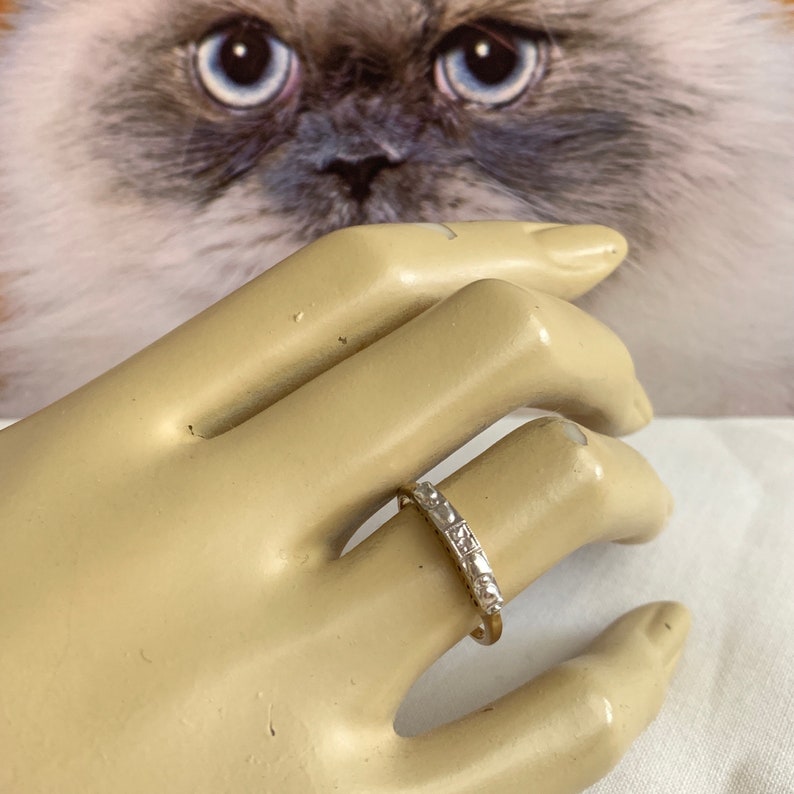 May include: A gold-toned ring with multiple small, square-cut clear stones set in a row. The ring is on a mannequin hand, with a blurred image of a cat in the background. The ring is a piece of jewelry.