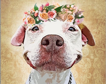 Boho Style Custom Pet Dog Cat Memorial Portrait with Flower Crown on canvas | Personalized Pitbull Art  Dog Memorial Portrait | Dog Gifts