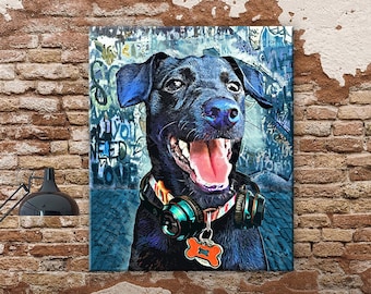 Custom Pet Portrait from Photo, Street Dog Art, Black Lab Pet Portrait, Labrador Retriever Art Print, Graffiti Art Custom, Funny Animal Art