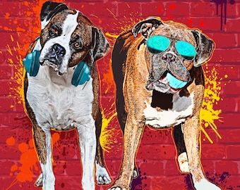 Custom graffiti style pop art pet portrait from photo on canvas | Boxer dog pet portrait | Funny unique dog art gift for dog lover