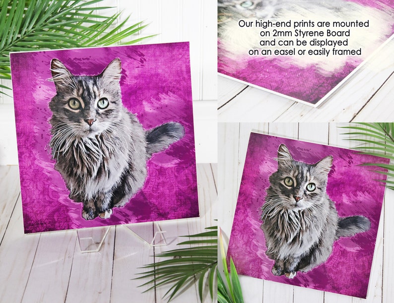 May include: A gray and white cat with green eyes sits on a pink background with a watercolor effect. The image is printed on a 2mm styrene board and can be displayed on an easel or framed.