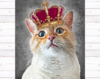 CUSTOM PET PORTRAIT from photo of royal cat with crown on canvas | Personalized art of cat or dog | Funny art for unique pet gift
