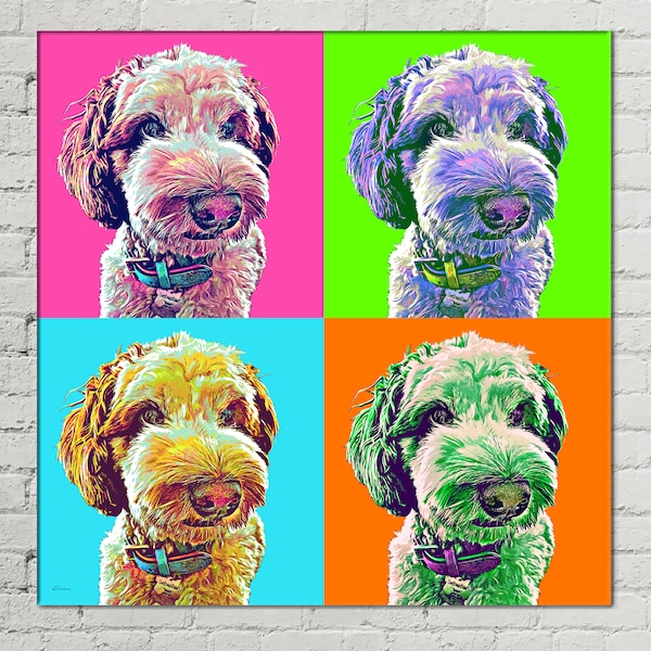 Andy Warhol Custom POP ART Pet Dog Cat Portrait from Photo on Large Wall Canvas | Labradoodle Canvas Art | Pet Memorial Gift