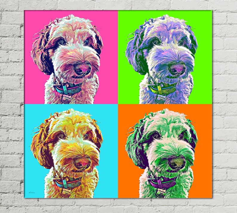Andy Warhol Custom POP ART Pet Dog Cat Portrait from Photo on Large Wall Canvas Labradoodle Canvas Art Pet Memorial Gift image 1