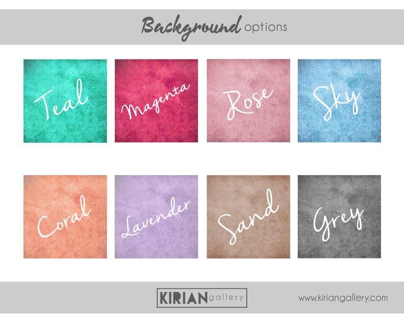 May include: Eight textured background color options for digital design projects. The colors are teal, magenta, rose, sky, coral, lavender, sand, and grey.