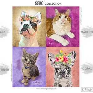 May include: A collage of four images featuring pets with floral headbands. The top left image shows a French bulldog wearing a flower crown on a beige background. The top right image shows a cat with a white and orange coat on a purple background. The bottom left image shows a tabby cat wearing a blue bow tie on a purple background. The bottom right image shows a French bulldog wearing a flower crown on a peach background. The images are labeled with the words "SAND", "MAGENTA", "LAVENDER", and "CORAL".