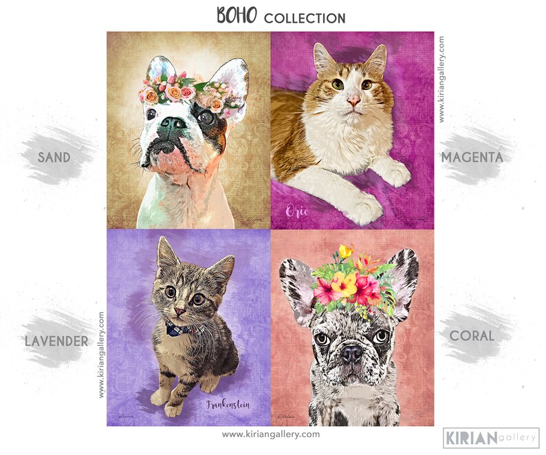May include: A collage of four images featuring pets with floral headbands. The top left image shows a French bulldog wearing a flower crown on a beige background. The top right image shows a cat with a white and orange coat on a purple background. The bottom left image shows a tabby cat wearing a blue bow tie on a purple background. The bottom right image shows a French bulldog wearing a flower crown on a peach background. The images are labeled with the words "SAND", "MAGENTA", "LAVENDER", and "CORAL".