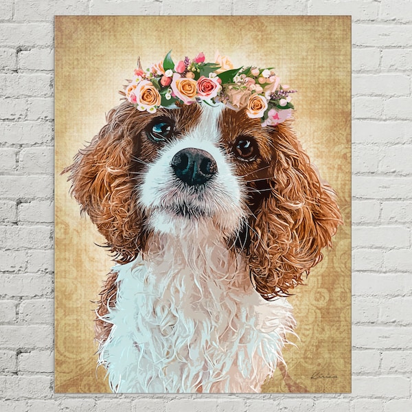 Boho Style Custom Pet Memorial Portrait with Flower Crown on Canvas | Personalized King Charles Spaniel | Dog Memorial Portrait
