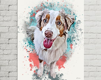 CUSTOM Border Collie Dog Memorial Portrait on Canvas from photo | Pet Portrait graffiti watercolor splash style | Personalized Pet Art