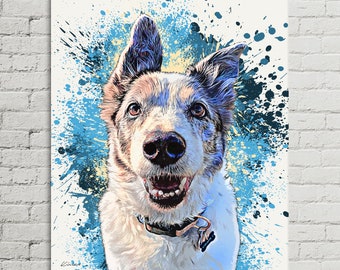 CUSTOM Border Collie Dog Memorial Portrait on Canvas from photo | Pet Portrait graffiti watercolor splash style | Personalized Pet Art