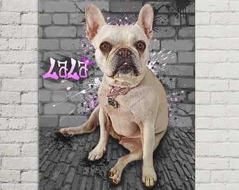 Custom Pet Portrait from Photo on Canvas, Pet Memorial Wall Art, French Bulldog, Frenchie Art Print, Graffiti Art Custom, Funny Animal Art