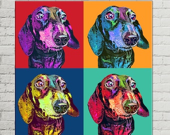 Andy Warhol Custom POP ART Pet Dog Cat Portrait from Photo on Large Wall Canvas | Pet Memorial Gift | Dachshund | Pet Memorial Gift