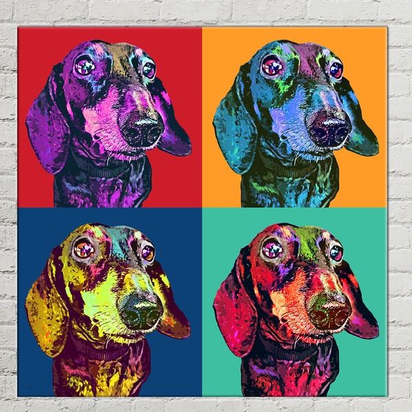 Andy Warhol Custom POP ART Pet Dog Cat Portrait from Photo on Large Wall Canvas | Pet Memorial Gift | Dachshund | Pet Memorial Gift