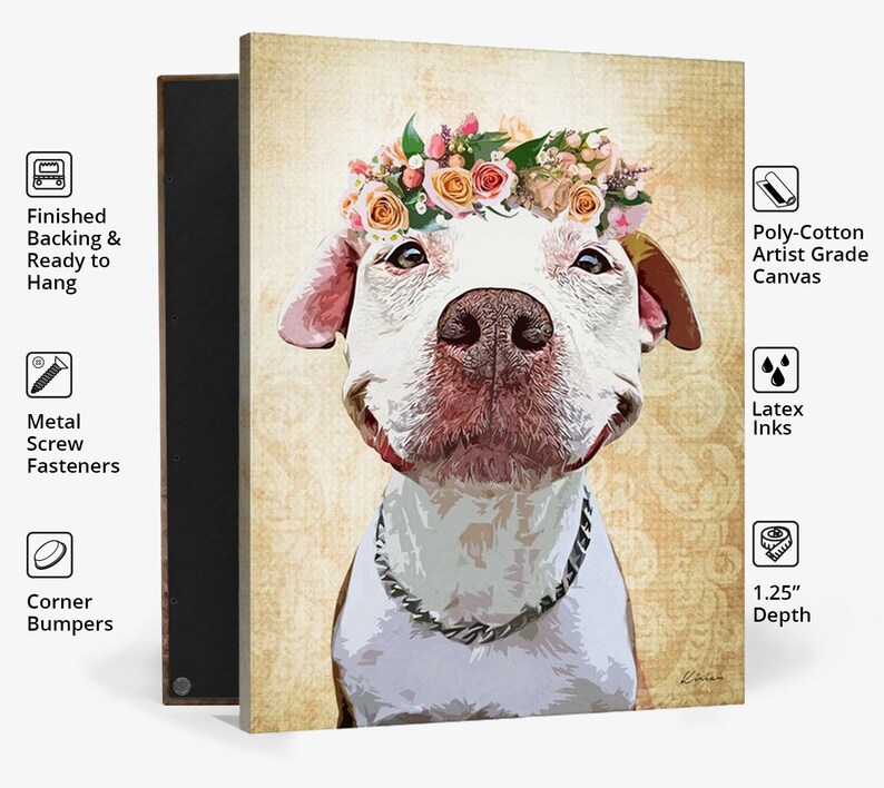 May include: A white pit bull terrier wearing a flower crown and a silver chain. The dog is smiling and looking directly at the viewer. The background is a light brown with a floral pattern. The image is printed on a 1.25 inch deep poly-cotton canvas.