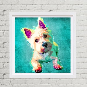 May include: A white West Highland White Terrier dog with pink ears is looking at the camera. The dog is on a turquoise background with a floral pattern.