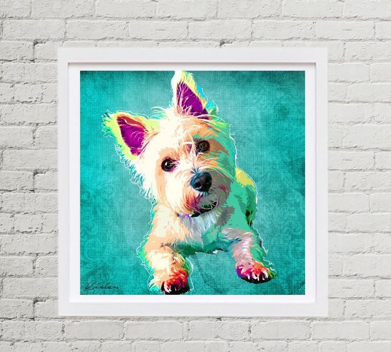 May include: A white West Highland White Terrier dog with pink ears is looking at the camera. The dog is on a turquoise background with a floral pattern.