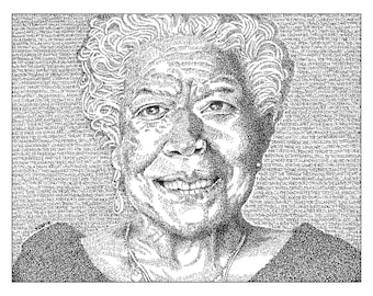 May include: A black and white portrait illustration of Maya Angelou created entirely from the text of her poem, Caged Bird. The artwork features her facial features, curly hair, and earrings rendered through the density of the written words.