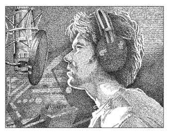 May include: A black and white typographic portrait of a person in profile wearing headphones and singing into a studio microphone. The entire image is constructed from dense, handwritten text that forms the contours and shading of the subject.