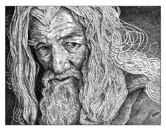 May include: A black and white stippled ink drawing of an elderly person with long wavy hair and a full beard. The artwork features intricate dot work shading and incorporates small, dense text integrated into the hair on the right side.