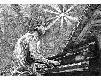 May include: A black and white stippled ink drawing of a person with curly hair playing a grand piano. The background features a large star shape and a bright sunburst pattern. The artwork is composed of dense dots creating light and shadow.