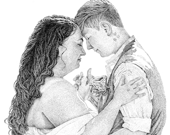 May include: A black and white stippling art print of two people embracing. One person has long, curly hair and is wearing a dress. The other person is wearing a vest and a collared shirt. They are touching foreheads.