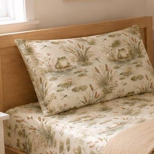 Whimsical bed set Frog Pond Bedding Flat Sheet & Pillowcase - Cottagecore Nursery Print