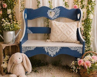 Unique one of a kind art piece. Blue and white hand Painted children's bench / photography prop / display / cute lace inspired artful decor