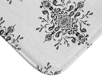 Tappetino da bagno con motivo damascato monocromatico / Design a piastrelle floreali vintage