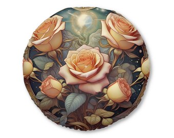 Peach Rose Bouquet Tufted Floor Pillow Round | Floral Decorative Cushion