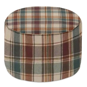 May include: A cylindrical ottoman upholstered in a woven fabric featuring a multi-colored plaid pattern. The textile displays intersecting vertical and horizontal lines in shades of cream, deep burgundy, forest green, and muted brown tones.
