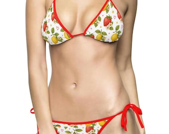 bikini zomer 2026 aardbei-citroenpatroon roze rood geel strikbandjes