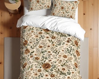 Neutral Flowers Twin Duvet Cover Set vintage farmhouse style cottagecore botanical bedding cover