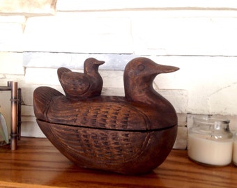 Folk Art Hand Carved Wooden Duck Box