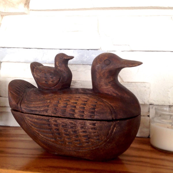 Folk Art Hand Carved Wooden Duck Box