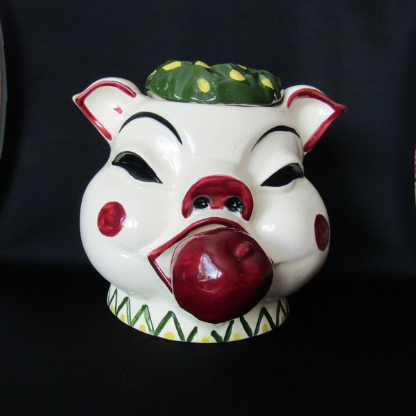 Marsh Cookie Jar Ceramic Pig With Apple in Mouth  Rare Vintage Antique Unmarked