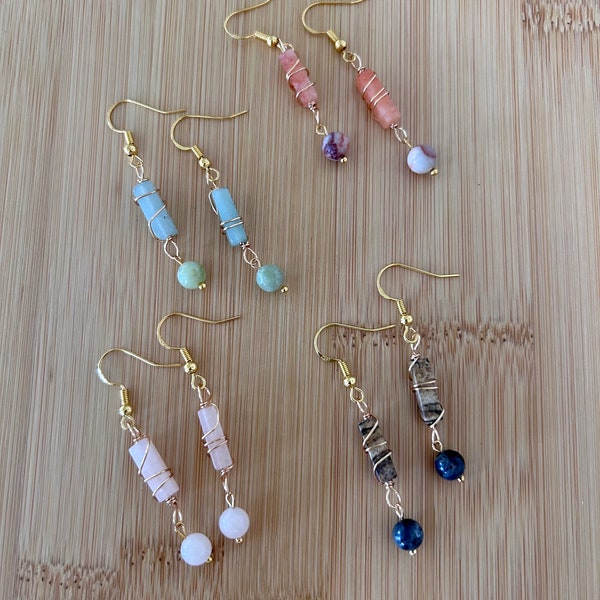 Dangling Crystal and Semi- precious Stone earrings - Gold Wire Wrapped Crystals with Natural Semi Precious Stones attached