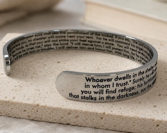 Biblical Prayer The 91 Psalm Cuff Bracelet.  Whoever dwells in the Shelter Bracelets. Psalm 91 Prayer jewelry gift Engraved for Christmas.