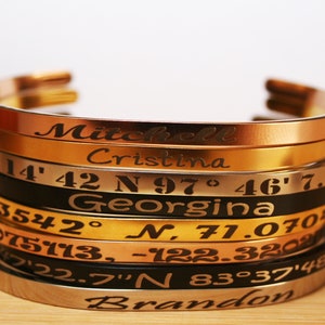 Skinny Cuff Mantra Bracelet, Personalize Custom Coordinates, GPS Bracelet, Stacking Bracelets, Engraved Cuff, Gold Cuff, Name Bracelet