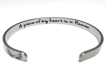 A Piece of My Heart is in Heaven Bereavement Loss of Mom Dad Miscarriage Sympathy Bangle Remembrance Memorial Cuff Bracelet