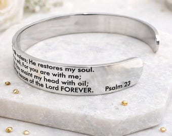 Biblical Prayer The 23rd Psalm Cuff Bracelet Bangle. The Lord is My Shepherd Bracelets. Psalm 23 Prayer jewelry gift Engraved for Christmas.