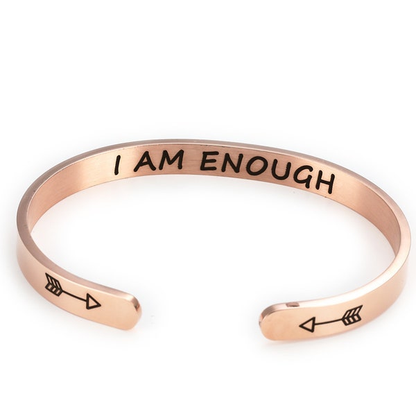 I am ENOUGH Inspirational Bracelets Cuff Jewelry Gift for Confidence  - Rose Gold