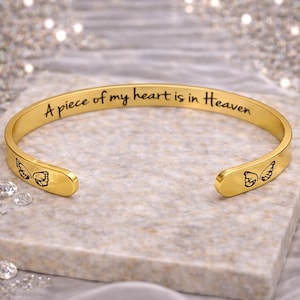 A Piece of My Heart is in Heaven Bereavement Loss of Mom Dad Miscarriage Sympathy Bangle Remembrance Memorial Cuff Bracelet