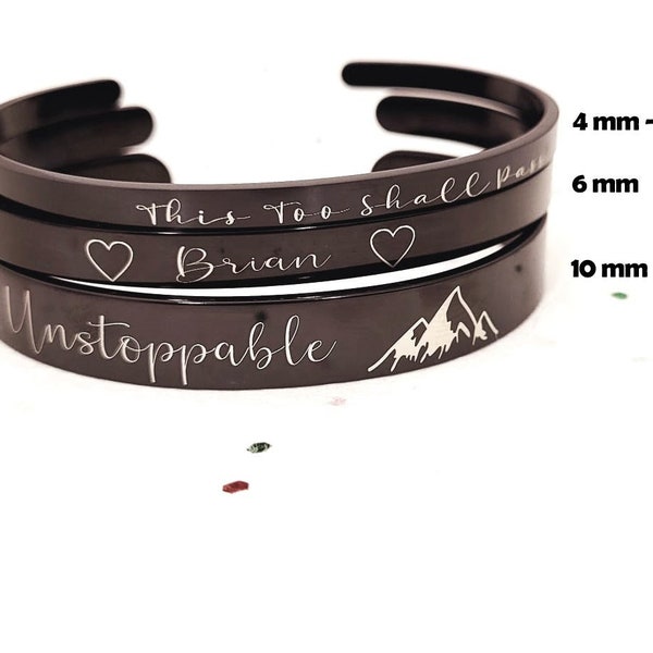 Custom Engraved Black Color Bracelets - Custom Engraving - Black Cuff Bracelet men women 3 sizes