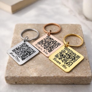 Personalised QR Code Keychain. Customized Metal QR Code Key chain Rose Gold, Gold Color and Steel Silver Metal Keychains.